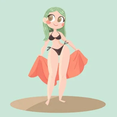 Cartoon girl with green hair in a black bikini holding an orange towel on a beach.