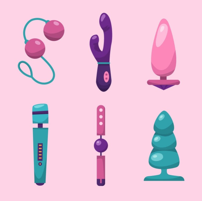 Illustration of six colorful adult toys on pink background including vibrators and plugs