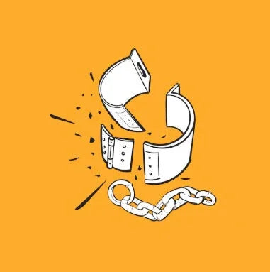 Illustration of a broken shackle and chain on orange background, symbolizing freedom and liberation.