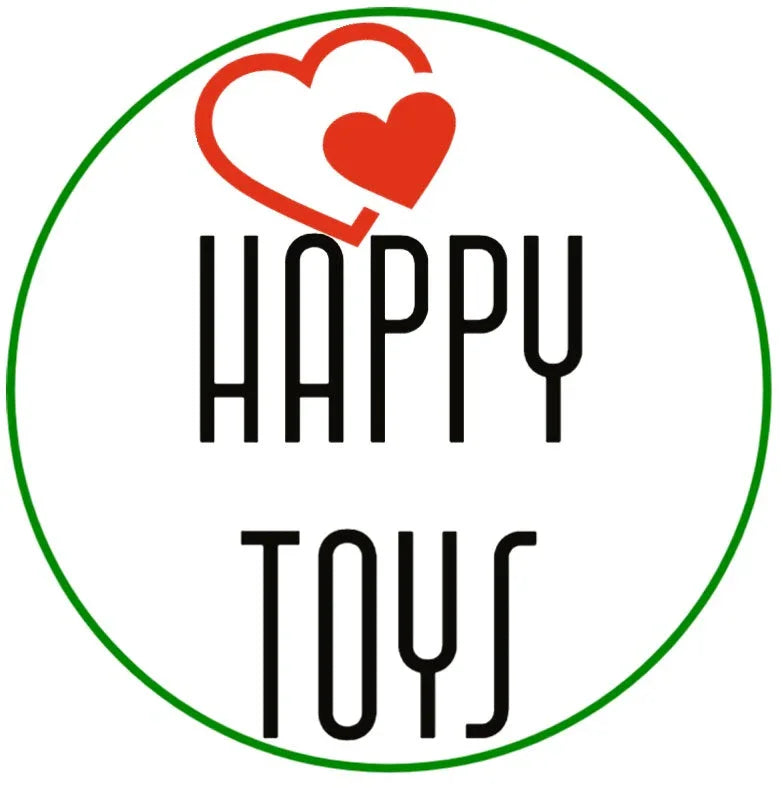 Happy Toys logo with black text inside a green circular border and two overlapping red hearts
