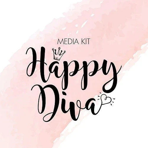 Happy Diva media kit logo with crown and heart illustrations on pink watercolor background
