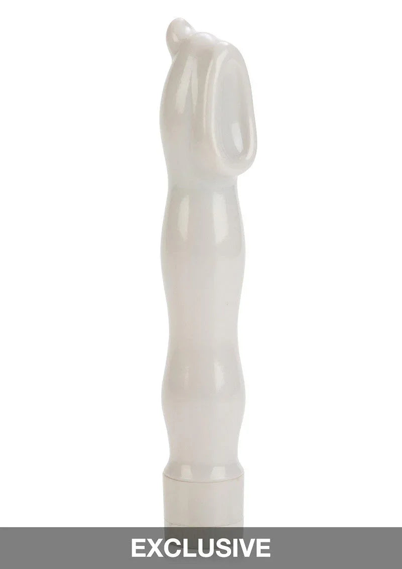 White silicone personal vibrator with ergonomic curves and a ribbed design, labeled exclusive