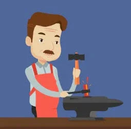 Illustration of a blacksmith wearing a red apron, holding hammer and tongs near an anvil