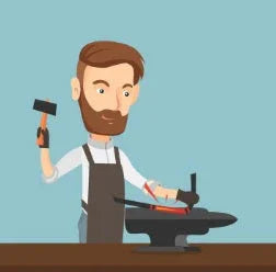 Bearded blacksmith shaping hot metal with hammer on anvil in workshop illustration