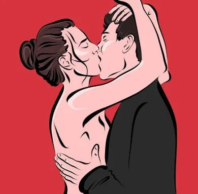 Illustration of a couple passionately kissing against a red background, romantic and intimate moment