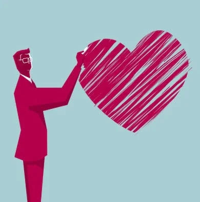 Illustration of a man in glasses sketching a large red heart on a light blue background