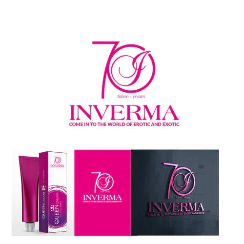 Inverma 70 years logo with pink Queen Essence product tube and box, erotic and exotic brand theme