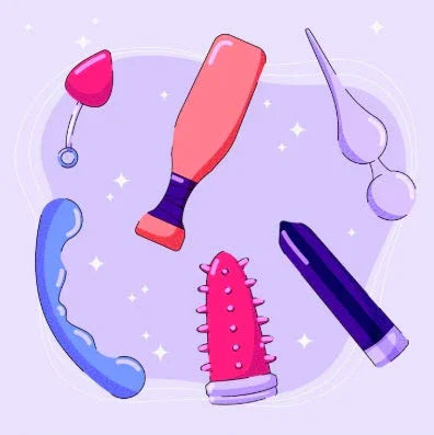 Colorful sex toys including vibrators, anal beads, and a paddle on a purple background