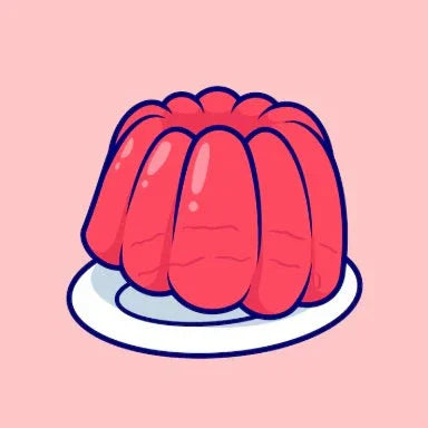 Illustration of a red jelly dessert on a white plate with a pink background