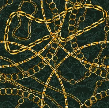 Gold chain necklace designs intertwined on dark green textured background