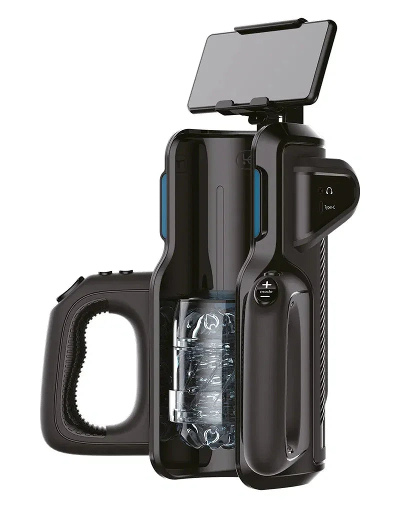 Black handheld electronic device with handle, phone mount, mode button, and internal transparent chamber