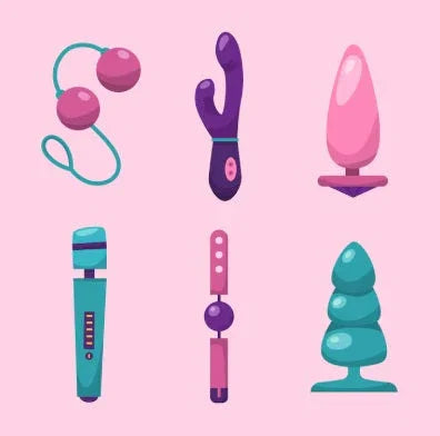 Colorful sex toys on pink background including vibrator, anal plug, and kegel balls