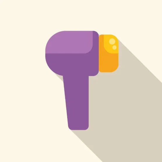 Flat design illustration of a purple and yellow massage wand on a beige background