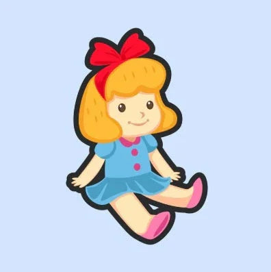 Cute cartoon girl doll with blonde hair, red bow, blue dress, and pink shoes on light blue background