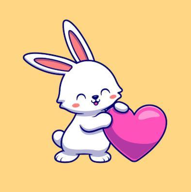 Cute white cartoon bunny holding a large pink heart on a light orange background