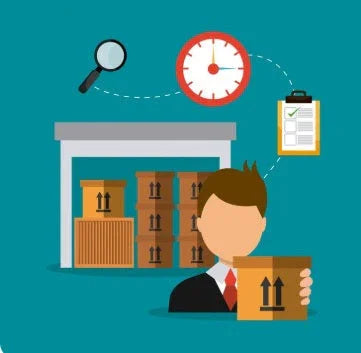 Illustration of a person holding a cardboard box in front of a warehouse with stacked boxes, clock, magnifying glass, and checklist icons