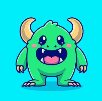 Cute green cartoon monster with horns, big eyes, and open mouth on blue background