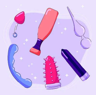 Illustration of various colorful adult toys including vibrators and massagers on a light purple background
