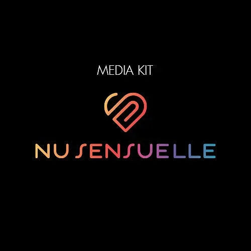 Nu Sensuelle media kit logo with gradient text and heart-shaped icon on black background