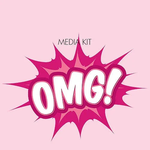 Pink comic-style burst with white bold OMG! text and smaller MEDIA KIT text above on light pink background