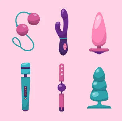 Illustration of six colorful adult toys including ben wa balls, rabbit vibrator, butt plug, wand massager, bullet vibrator, and anal beads on pink background
