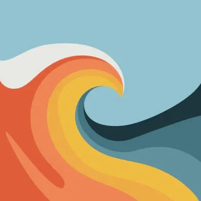 Abstract colorful spiral wave design with shades of blue, orange, yellow, and white