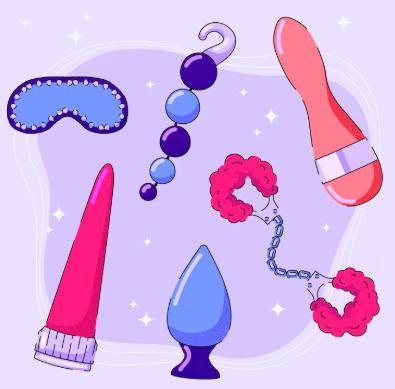 Colorful collection of adult toys including vibrators, anal beads, handcuffs, butt plug, and sleep mask on purple background