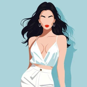 Illustration of a woman with long black hair wearing a white crop top and high-waisted pants against a blue background