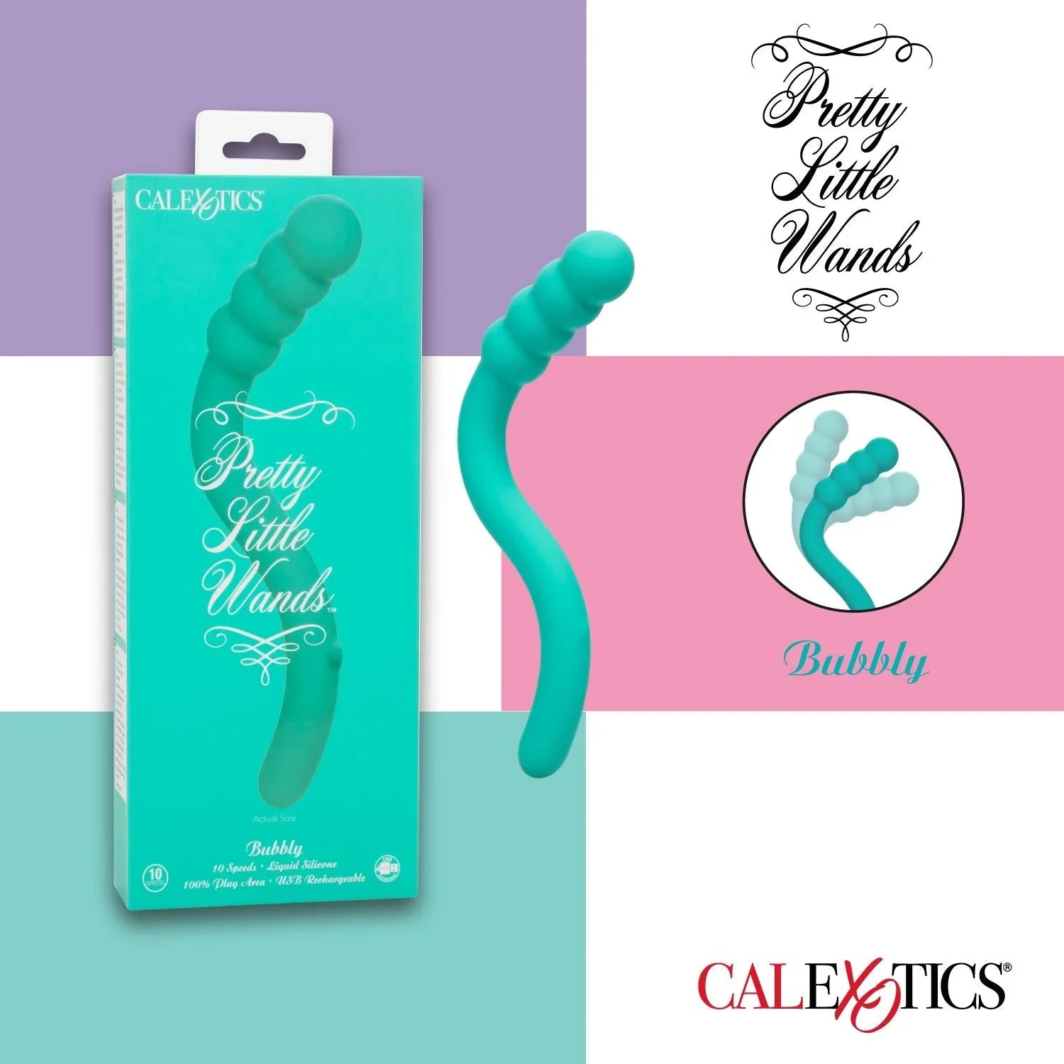 CalExotics Pretty Little Wands Bubbly teal curved silicone vibrator with packaging on colorful background