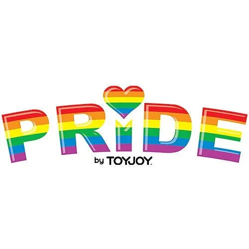 Rainbow-striped text spelling 'PRIDE' with a heart-shaped 'I', symbolizing LGBTQ+ pride by ToyJoy