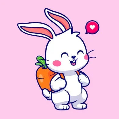 Cute white cartoon bunny with pink ears, smiling and carrying a carrot backpack on pink background