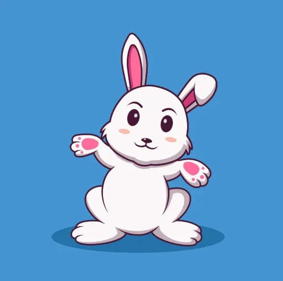 Cute white cartoon bunny with pink ears and paws on blue background