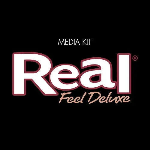 Real Feel Deluxe logo on black background with media kit text, representing realistic sex toys brand