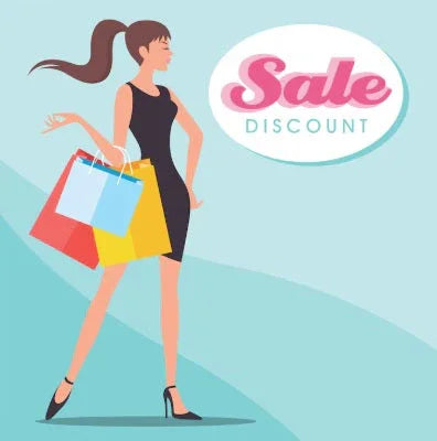 Stylish woman in black dress holding colorful shopping bags with sale discount sign