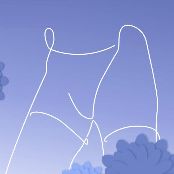 Minimalist white line art of a couple embracing on blue gradient background with abstract flower shapes