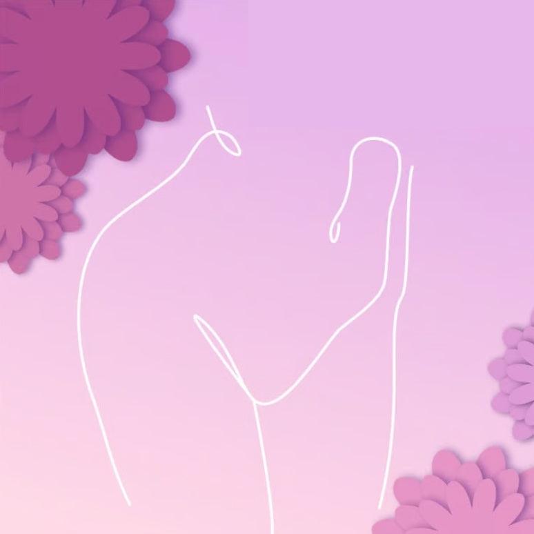 Minimalist white line art of a female torso on pink background with purple floral accents