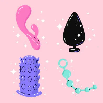 Set of four colorful sex toys on pink background including vibrator, anal plug, textured sleeve, and bead chain