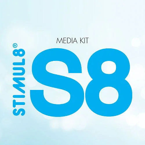 Stimul8 S8 media kit cover with blue branding on light background