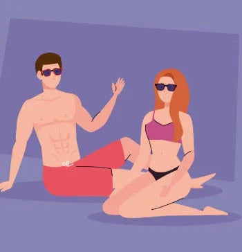 Illustration of a shirtless man in red swim trunks and a woman in a bikini, both wearing sunglasses, sitting on a purple surface