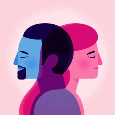 Two stylized human profiles, one blue with beard and one pink with short hair, back-to-back on pink background