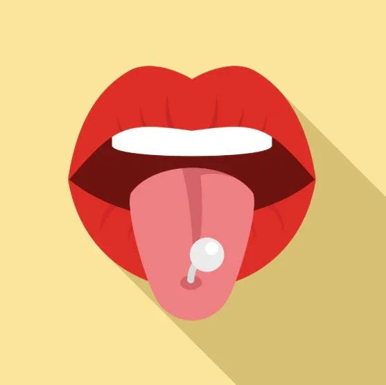 Red lips with tongue piercing illustration, playful mouth on yellow background
