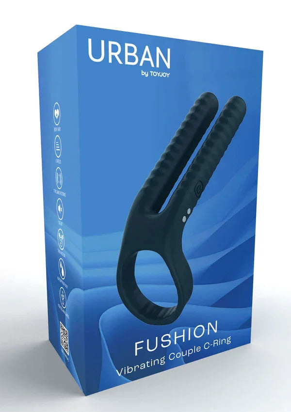 Urban Fushion vibrating couple C-ring vibrator packaging in blue with black textured couple ring shown