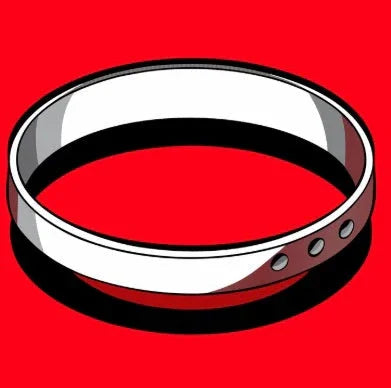 Silver metal cock ring with rivet details on red background, Verzwaarde collection product photo