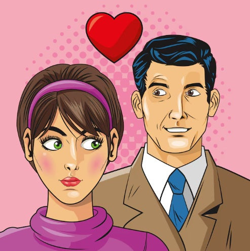 Pop art illustration of a woman and man with a red heart above them on a pink background