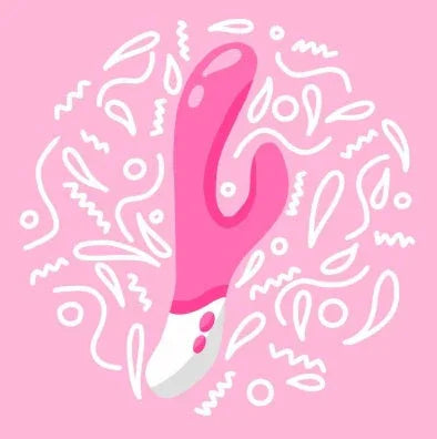 Pink dual-stimulation vibrator with white base on a pink background with white abstract designs