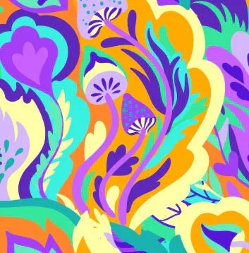 Abstract vibrant floral pattern with purple, teal, yellow, and orange colors in a bold design