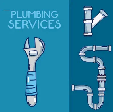 Illustration of plumbing services with a wrench and various pipe fittings on blue background