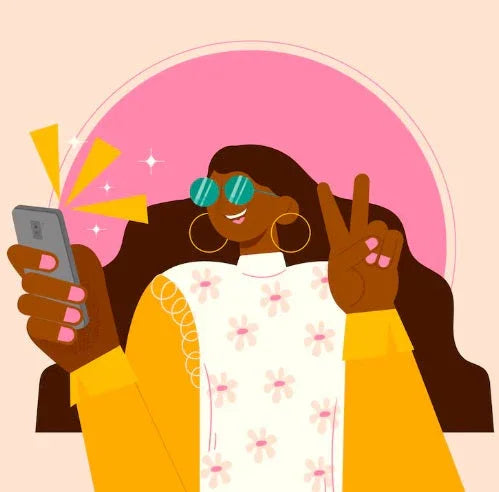 Illustration of a smiling woman with long hair, sunglasses, and hoop earrings holding a smartphone and flashing a peace sign
