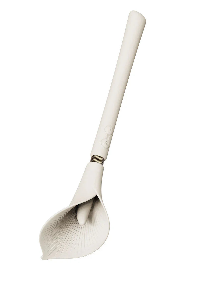 White ZALO Calla vibrating stimulator with long handle and petal-shaped head on white background