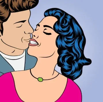 Illustration of a romantic couple in a close embrace, featuring a man and a woman with blue hair and a pink top